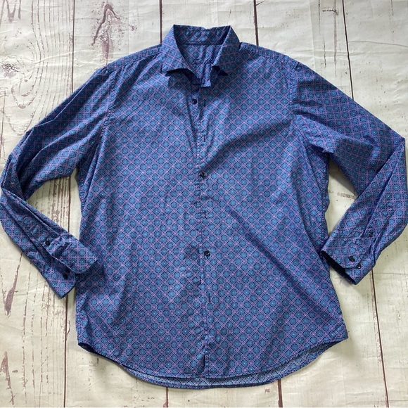 Tasso Elba Other - Tasso Elba Men's L Large 16 16 1/2 100% Cotton Blue Geometric Print Button Shirt